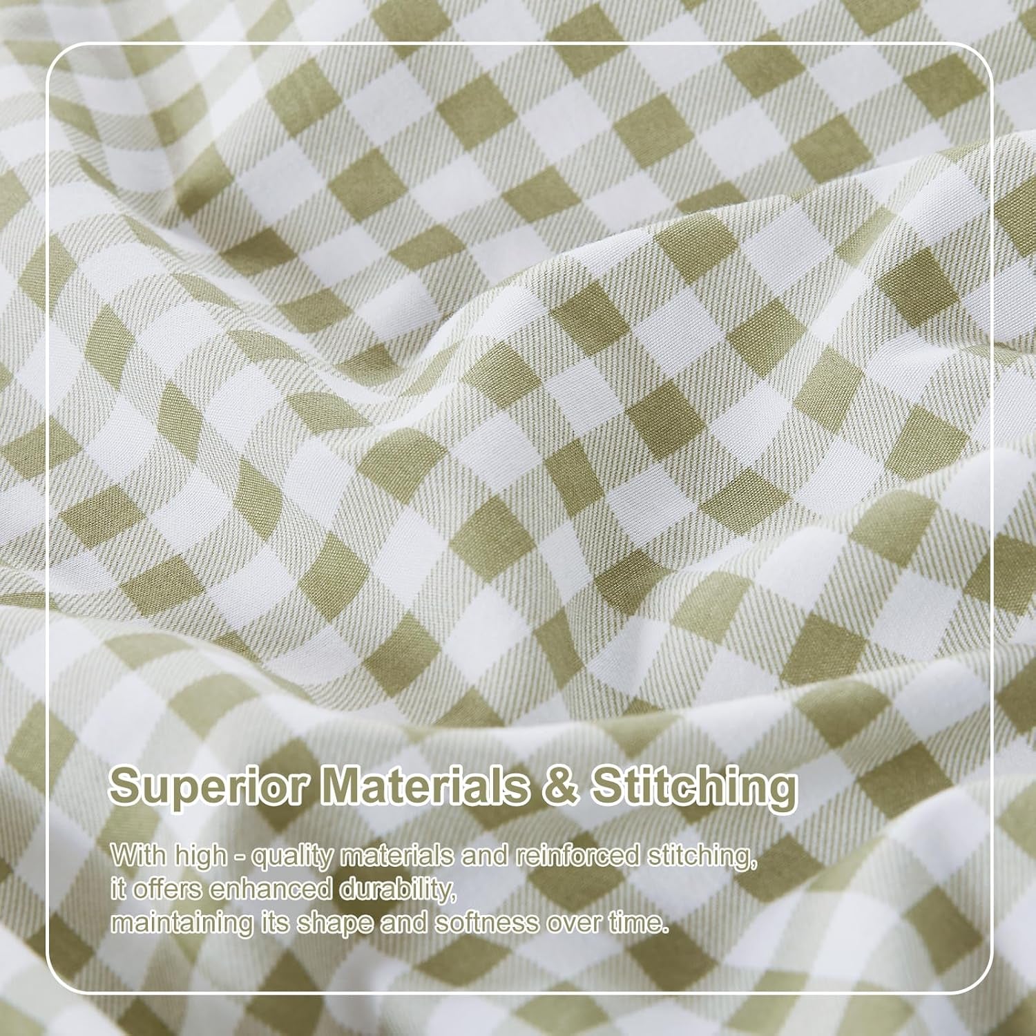 Gingham Queen Sheet Set, Lightweight Super Soft Brushed Microfiber Plaid Bed Sheets with 16" Deep Pocket, 4 Piece Ruffle Farmhouse Bedroom Decor, Sage Green