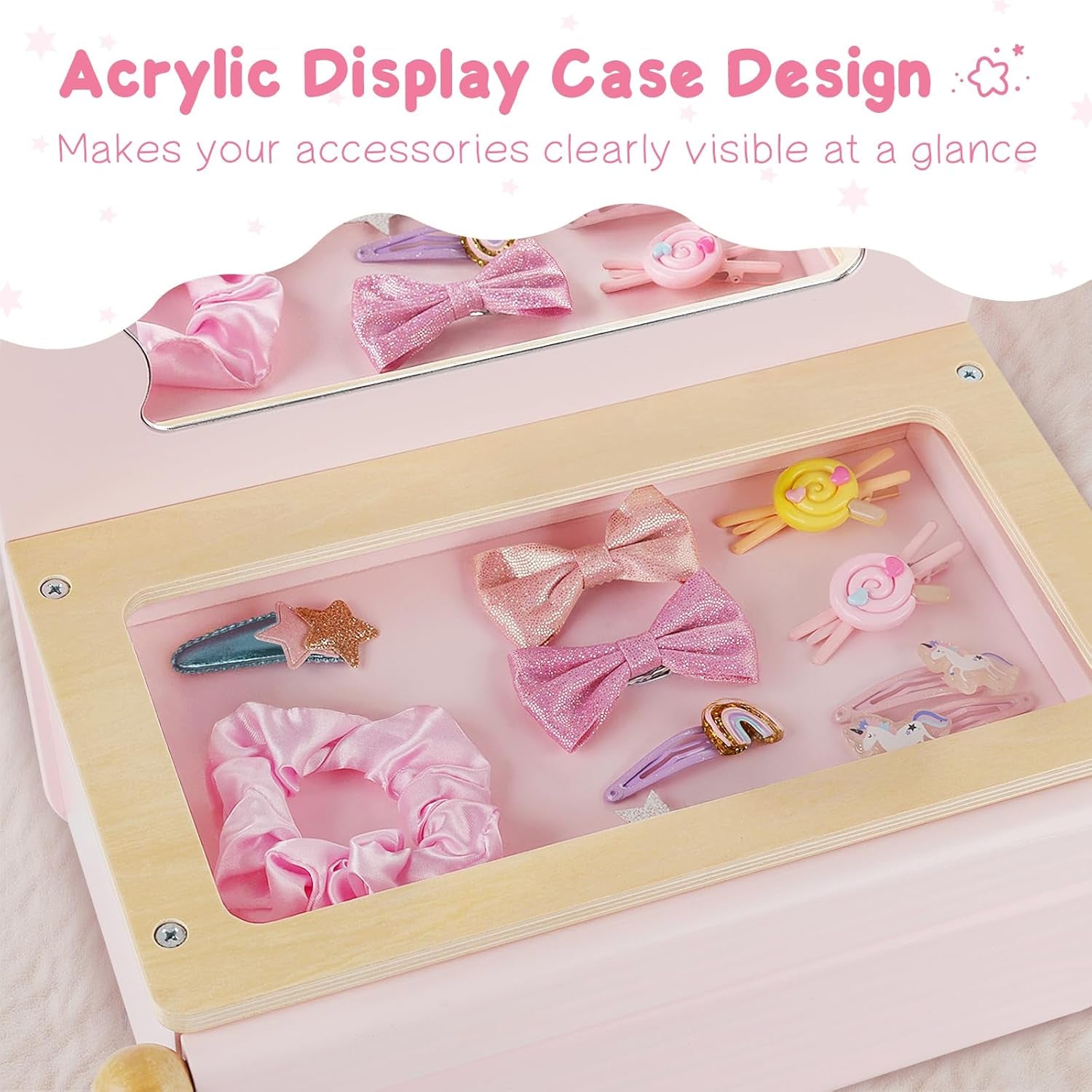 Wooden Kids Vanity Set with Acrylic Display Case, Pretend Play Toddler Makeup Vanity for Girls, Beauty Salon Set with Makeup Accessories, Little Girls Gift Age 3+ (Pink)