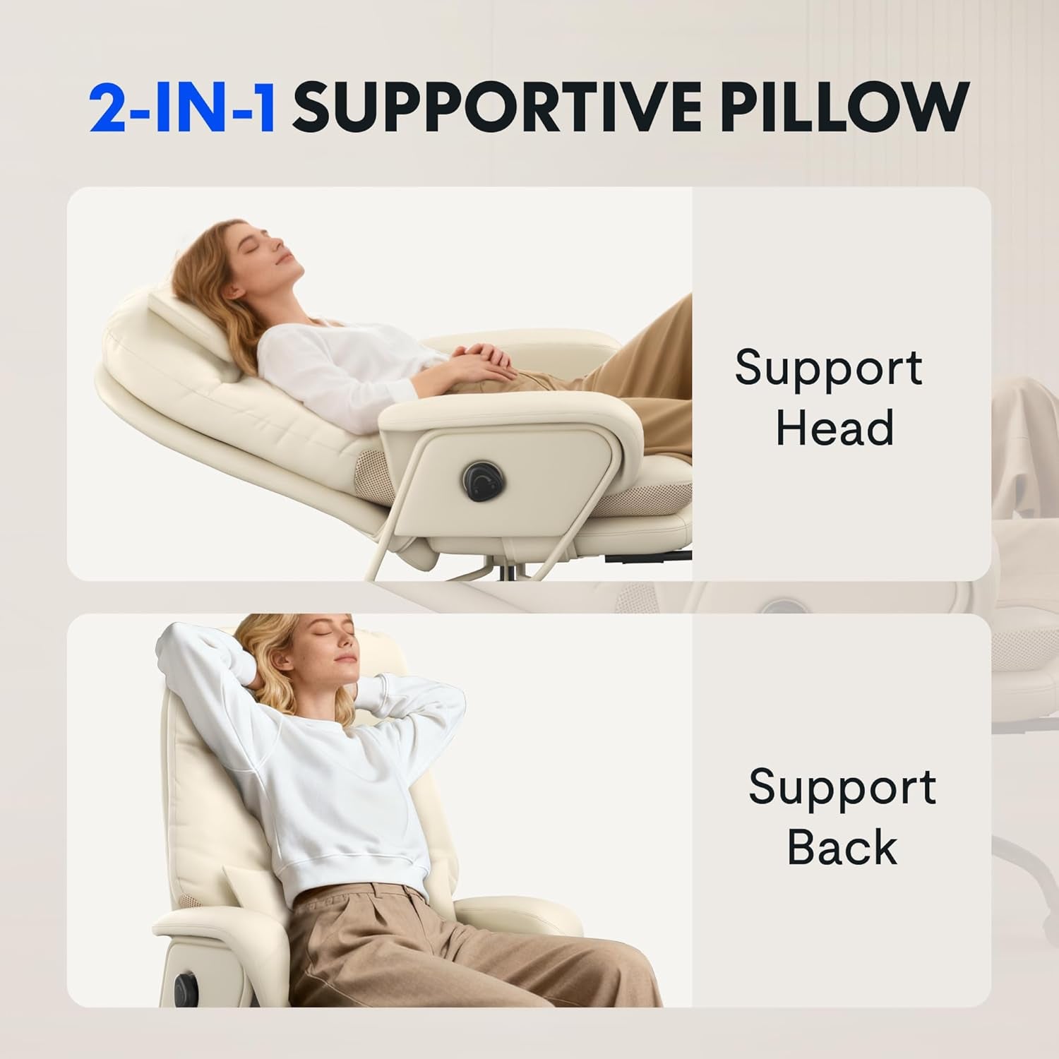 Luno 2-In-1 Chaise Lounge Chair Indoor with Wheels Footrest 90-165° Reclining Lumbar Support, Home Office Chairs for Living Room Bedroom Study Working Relaxing, Leather, Beige White