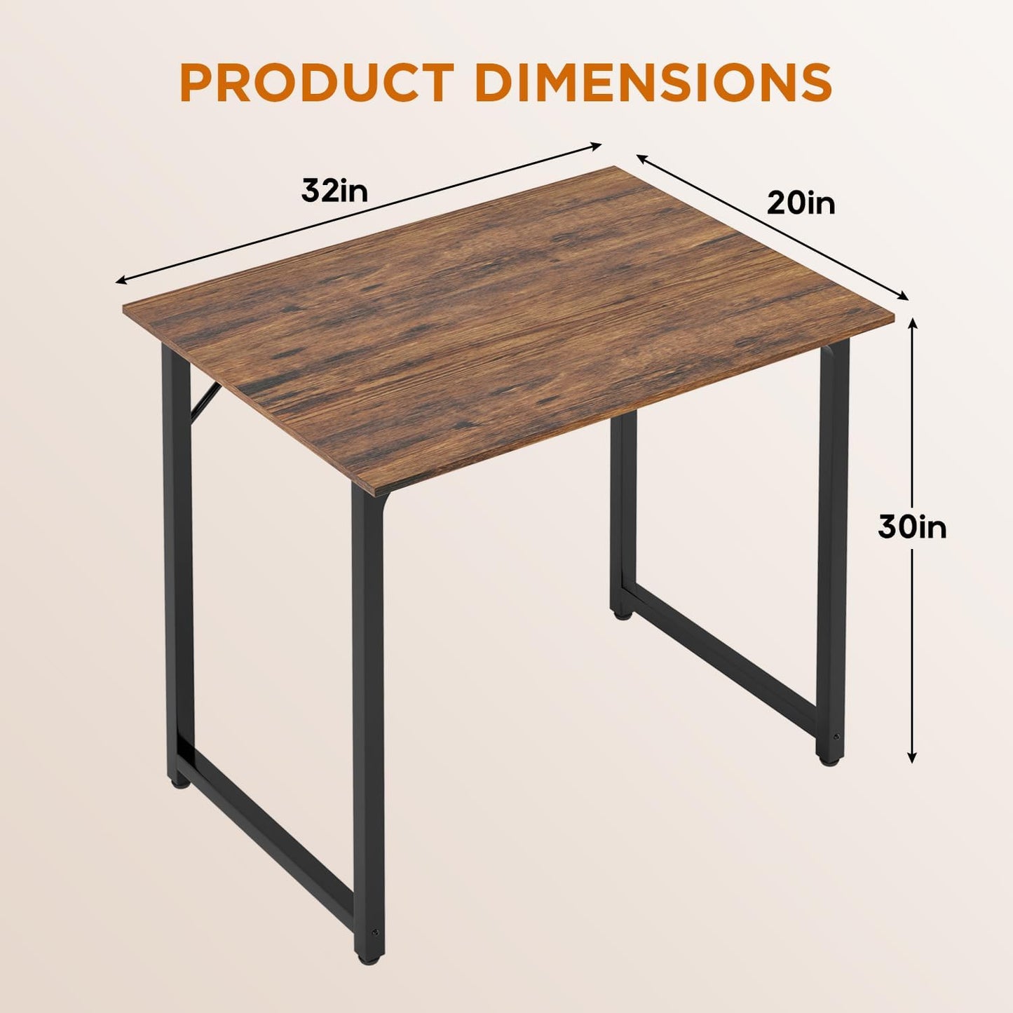 | 32 Inch Computer Desk | Brown | Office Desk with Metal Frame, Adjustable Feet | Water-Resistant, Scratchproof Surface | Sturdy Writing Table for Home Office or Study | Pack of 1
