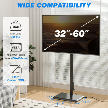 Swivel Floor TV Stand with Power Outlet for 32-60 Inch Tvs, Height Adjustable Tall TV Stand with Wood Base, Hold up to 88Lbs, Saving Space Design for Bedroom, Living Room and Corner