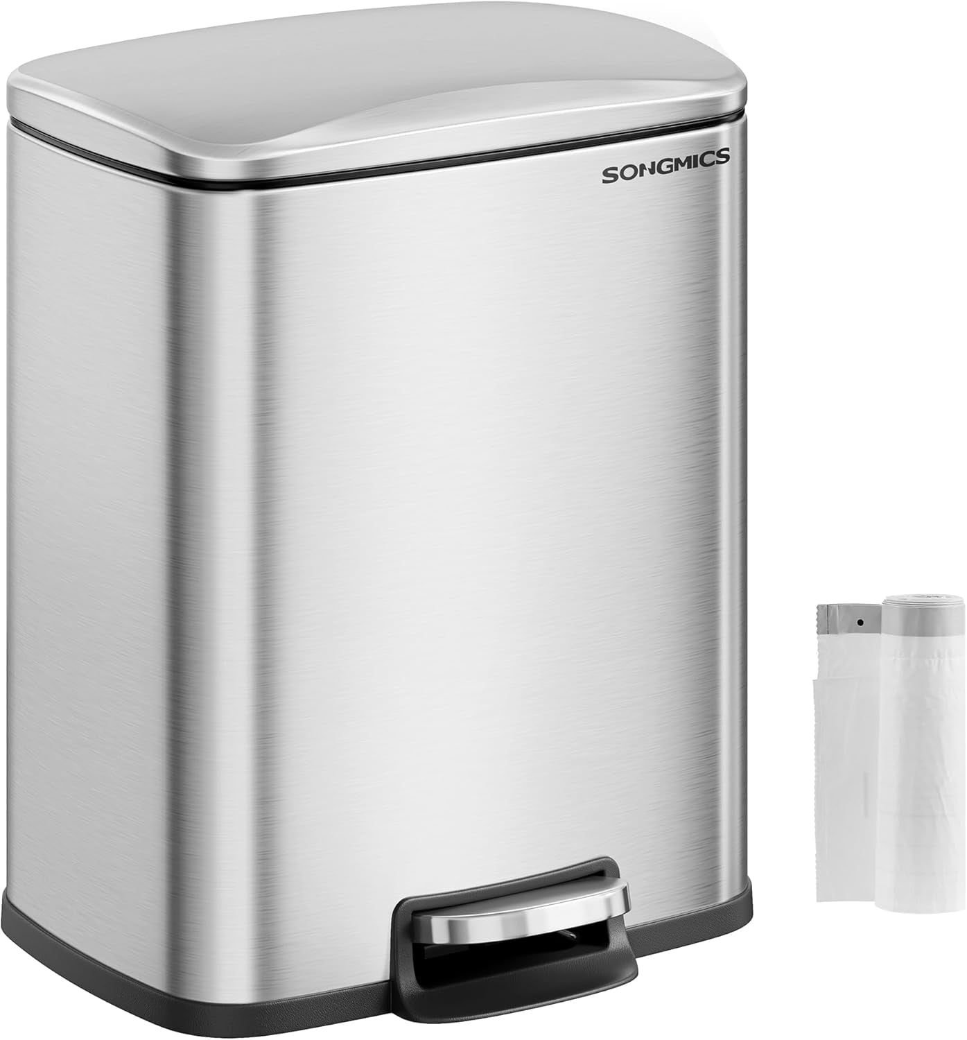 Trash Can, Garbage Can with Lid, 5.2-Gallon (20L) Step Trash Bin for Kitchen, Stainless Steel, Soft Close and Stays Open, Inner Bucket, Includes 15 Trash Bags, Silver ULTB543E01