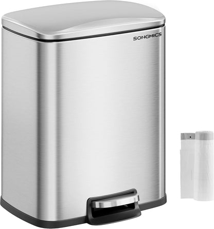 Trash Can, Garbage Can with Lid, 5.2-Gallon (20L) Step Trash Bin for Kitchen, Stainless Steel, Soft Close and Stays Open, Inner Bucket, Includes 15 Trash Bags, Silver ULTB543E01
