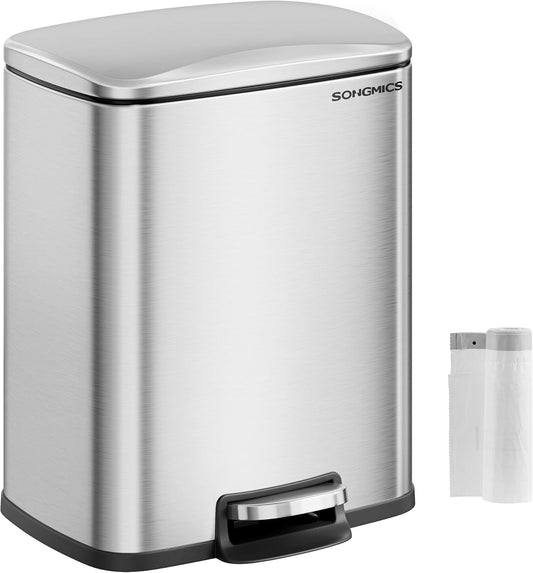 Trash Can, Garbage Can with Lid, 5.2-Gallon (20L) Step Trash Bin for Kitchen, Stainless Steel, Soft Close and Stays Open, Inner Bucket, Includes 15 Trash Bags, Silver ULTB543E01