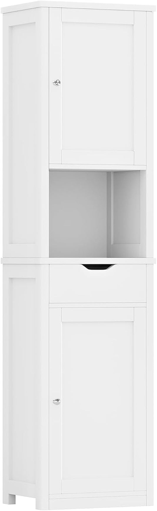 Tall Bathroom Storage Cabinet, Slim Corner Floor Cabinet with Doors and Drawer, Freestanding Narrow Bathroom Organizer with Adjustable Shelves for Small Space, White