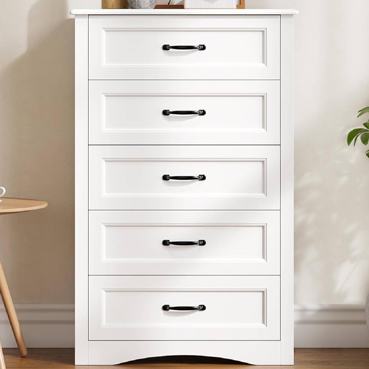 5 Drawer Dresser, White Wood Chest of Drawers for Bedroom, 43.3" Large Capacity Storage Cabinet with Anti-Tip Device, for Clothes, Living Room, Hallway, Office