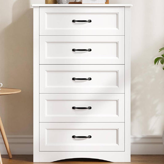 5 Drawer Dresser, White Wood Chest of Drawers for Bedroom, 43.3" Large Capacity Storage Cabinet with Anti-Tip Device, for Clothes, Living Room, Hallway, Office