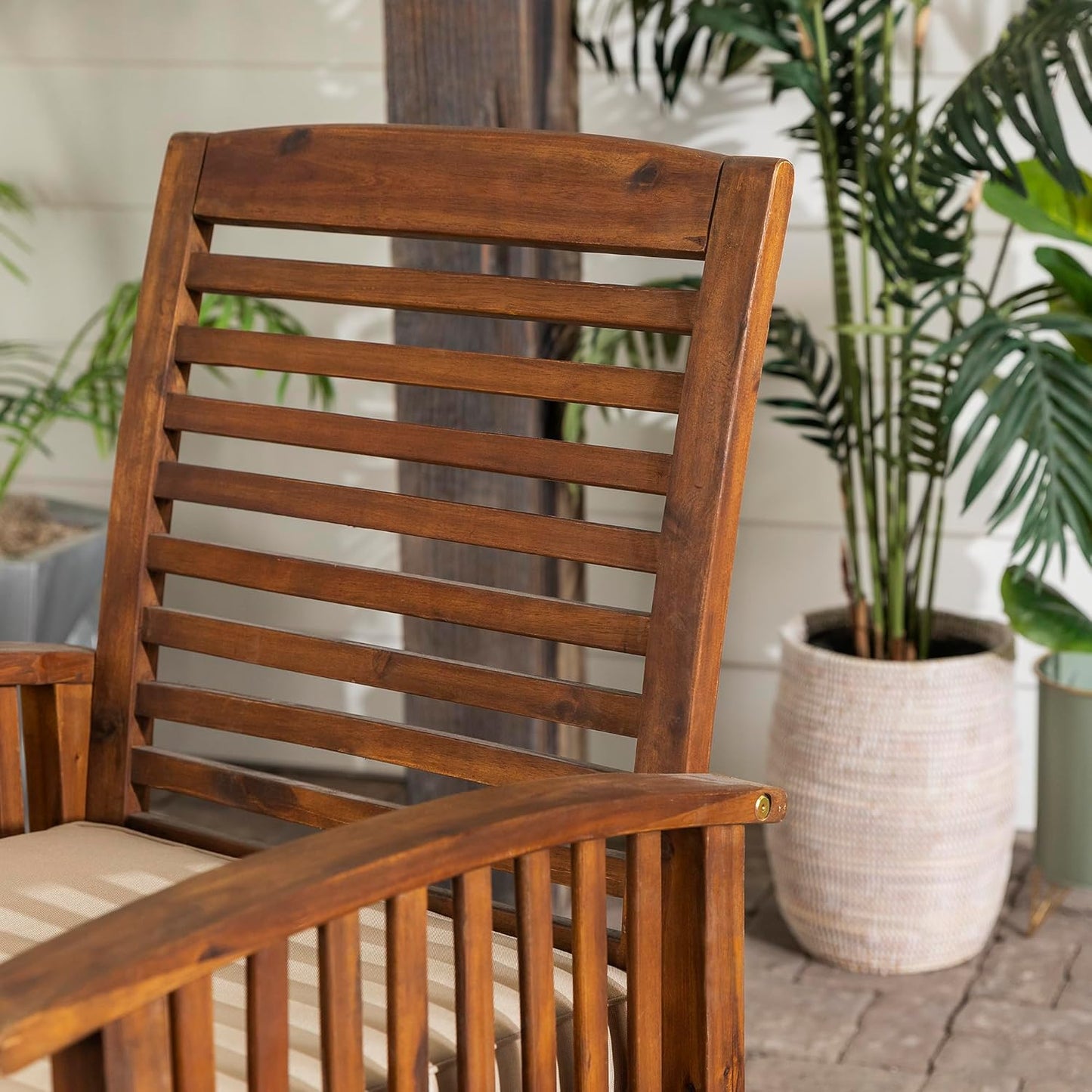 Rendezvous Modern 2 Piece Solid Acacia Wood Slat Back Outdoor Dining Chairs, Set of 2, Dark Brown