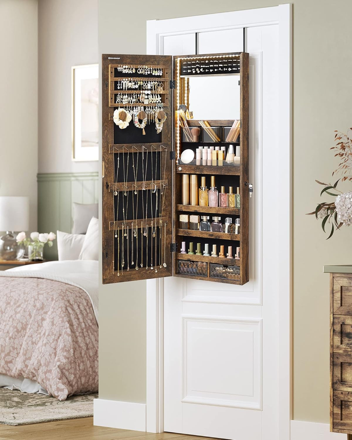 Mirror Jewelry Cabinet Armoire Organizer, Wall or Door Mount Storage Cabinet with Full-Length Frameless Lighted Mirror, Built-In Makeup Mirror, 2 Drawers, Lockable, Rustic Brown UJJC013X01