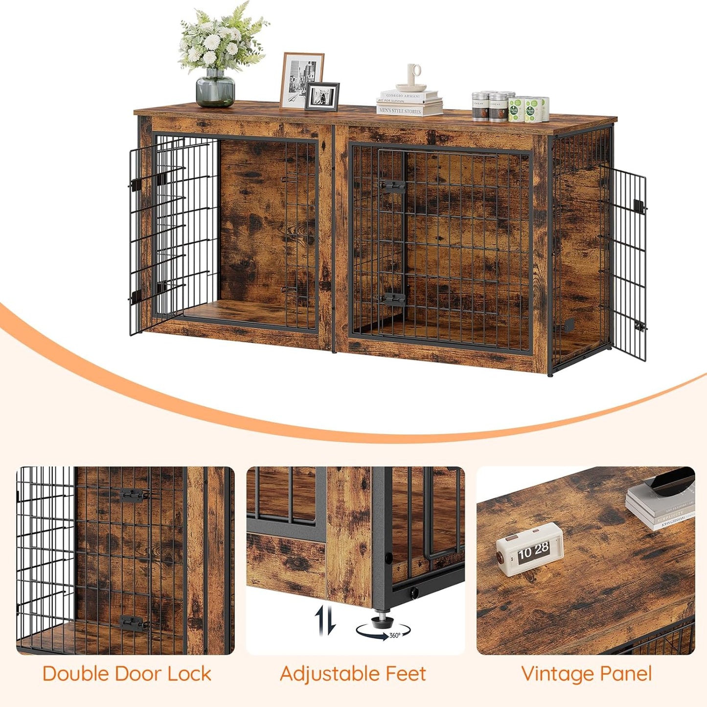 Dog Crate Furniture for 2 Dogs, 63" Large Double Dog Crate Furniture with Divider, Wooden Indoor Kennel TV Stand for Medium Large Dogs, Rustic Brown BF55GW03