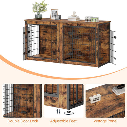 Dog Crate Furniture for 2 Dogs, 63" Large Double Dog Crate Furniture with Divider, Wooden Indoor Kennel TV Stand for Medium Large Dogs, Rustic Brown BF55GW03