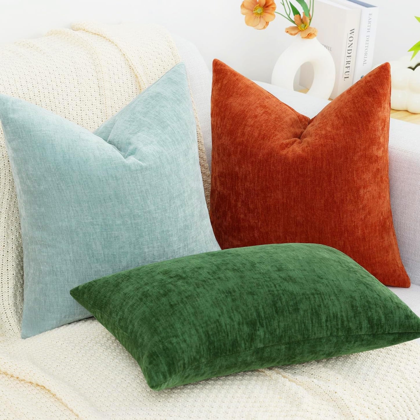 Chenille Rust Fall Throw Pillow Covers 20X20 Inch Set of 2, Decorative Soft Couch Pillow Covers Solid Dyed Accent Farmhouse Neutral Square Pillow Cases for Sofa Bed Living Room