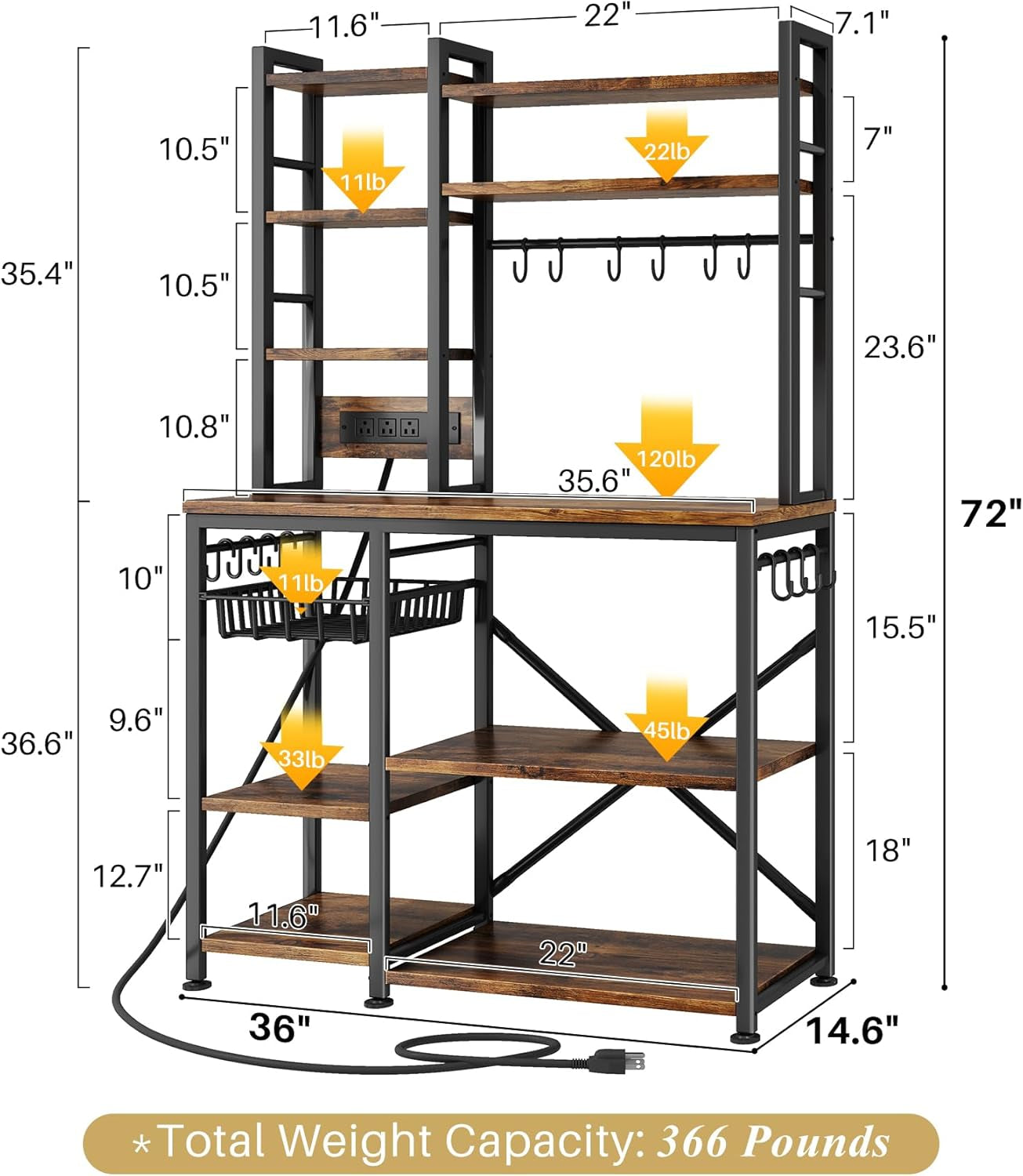 Baker Rack with Power Outlet - Microwave Stand with Storage, Large Coffee Bar Station with 14 Hooks, Metal Kitchen Shelf Rack for Spices, Pots (Rustic Brown) | with Power Outlet, with Storage, with 14 Hooks, for Spices, for Pots