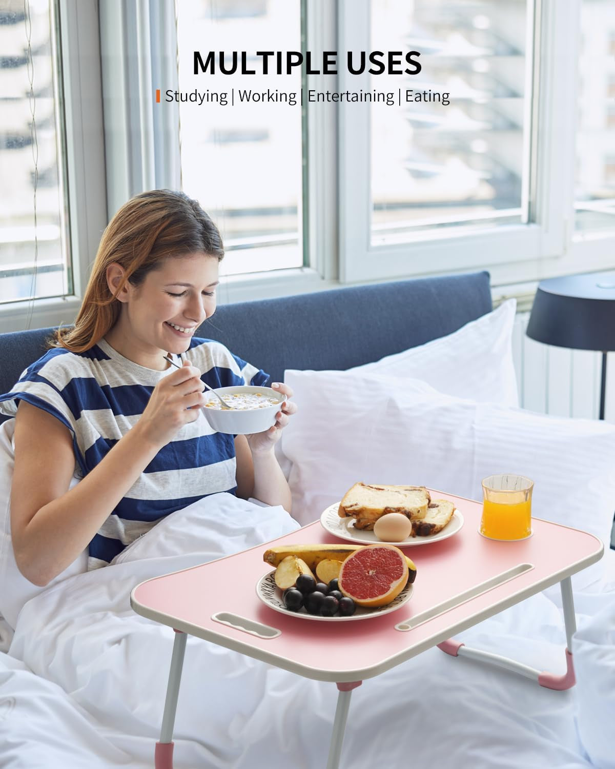 Foldable Laptop Table, Portable Lap Desk Bed Table Tray, Laptop Stand with Cup Holder & Tablet Slot & Lifting Handle for Working Writing Drawing & Eating (Pink)