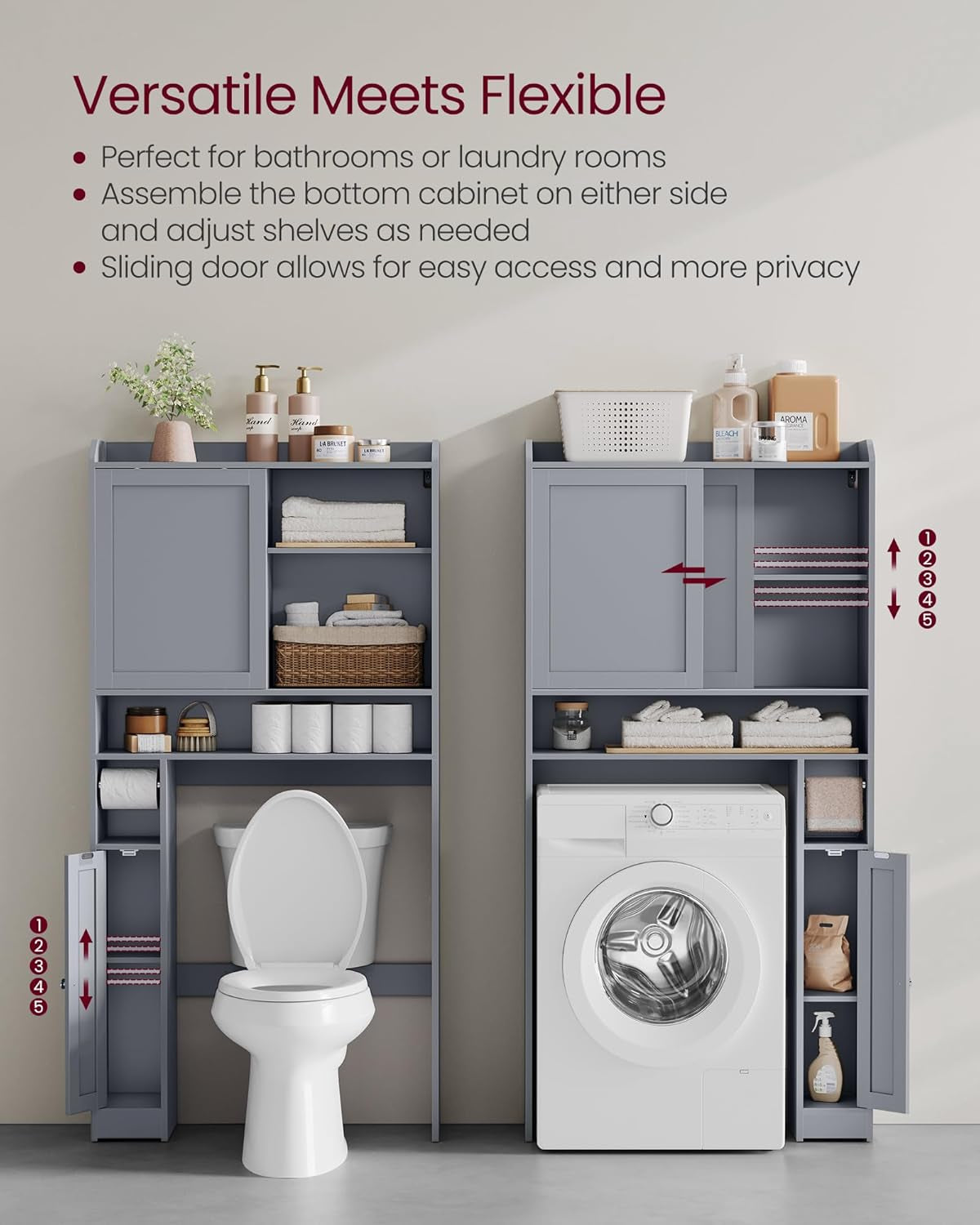 over the Toilet Storage Shelf, Bathroom Storage Cabinet with Sliding Door, Adjustable Shelves, Toilet Paper Holder, Space-Saving, Modern, 9.8 X 32.7 X 66.9 Inches, Cloud White UBTS018W01
