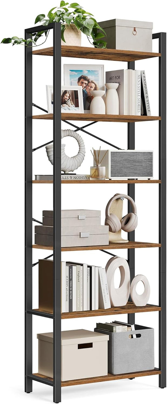 6-Tier Bookshelf, Bookcase with Steel Frame, Book Shelf for Living Room, Home Office, Study, 11.8 X 26 X 73.2 Inches, Industrial Style, Rustic Brown and Ink Black ULLS062B01