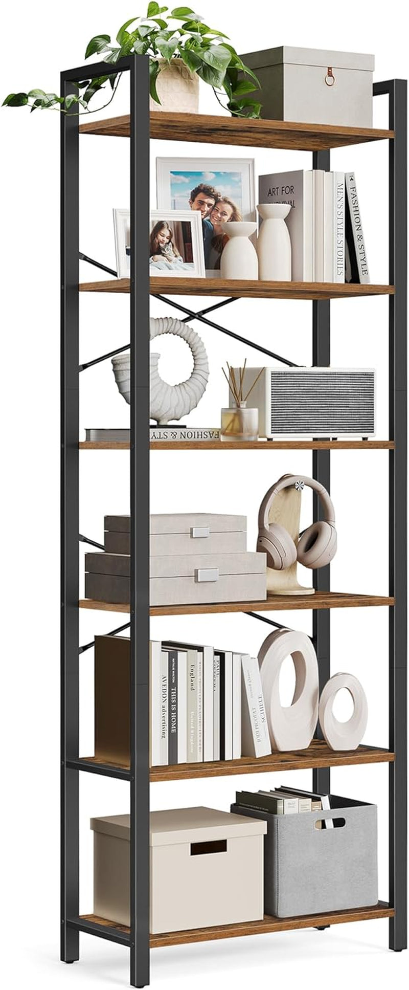 4-Tier Bookshelf, Bookcase with Steel Frame, Book Shelf for Living Room, Home Office, Study, 11.8 X 26 X 47 Inches, Industrial Style, Rustic Brown and Ink Black ULLS60BX