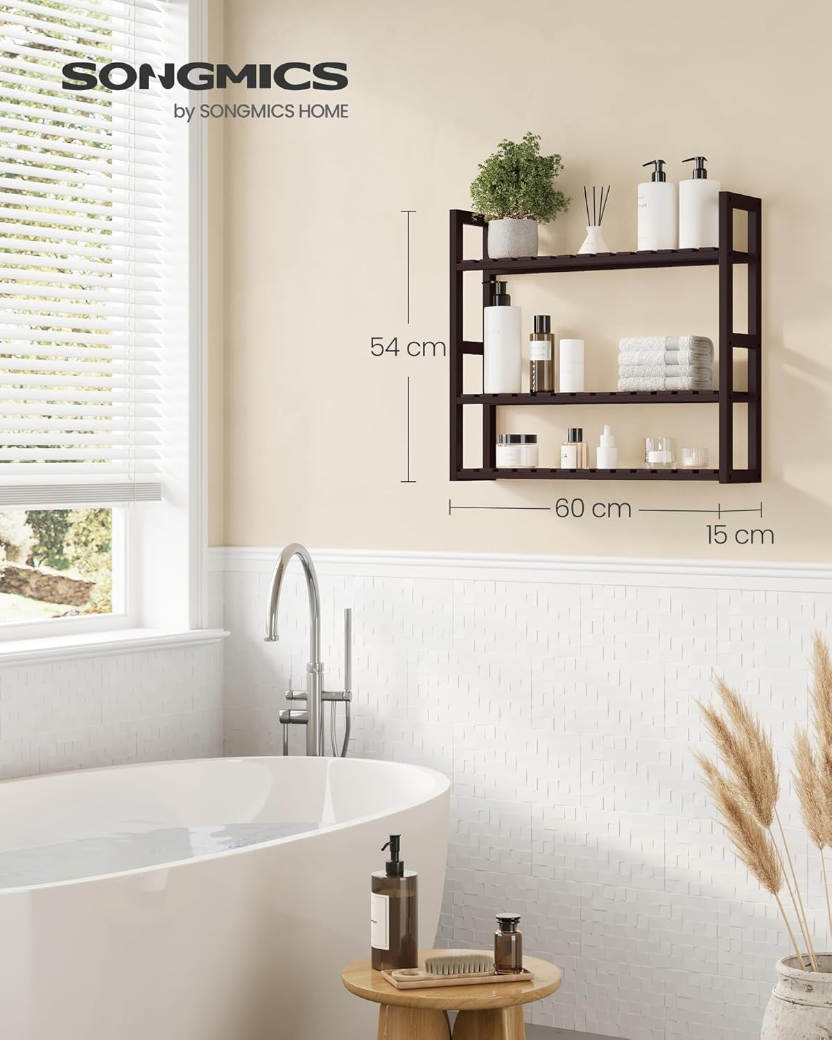 Bamboo Bathroom Shelf, 3-Tier Adjustable Plants Rack, Wall-Mounted or Stand, in the Living Room, Balcony, Kitchen, 5.9 X 23.6 X 21.3 Inches, Brown
