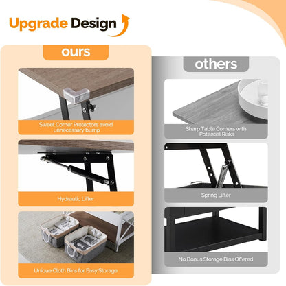 36" Lift Top Coffee Table with Free Cloth Storage Bins, White Walnut Framhouse Coffee Tables for Living Room, Small Modern Coffee Table for Small Space in Minimalistic Style, Dark Walnut