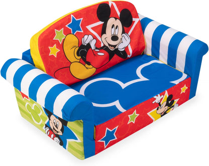 Kids Sofa, 2-In-1 Flip Open Foam Couch and Bed, Mickey Mouse - Pullout Sleeper for Folding Lounging, Sitting, and Napping - Ideal for Bedroom and Playroom