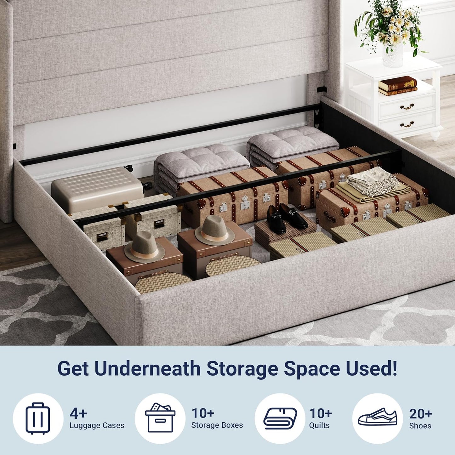 King Size Lift up Storage Bed, Modern Wingback Headboard, Hydraulic Support, No Box Spring Needed, Light Beige