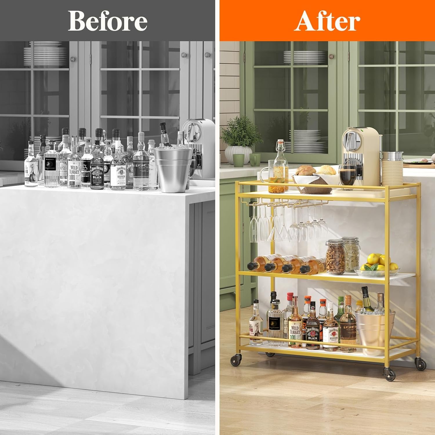 Bar Cart Gold, 3 Tier Wine Rolling Cart with Lockable Wheels, 12 Glass Holders and 4 Wine Rack, Home Serving Drink Liquor Cart for Kitchen Dining Living Room, 31.6" X 13.1" X 33.9", Gold