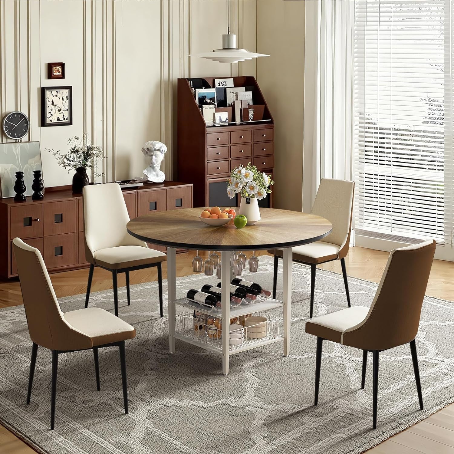47'' round Dining Table Set for 4-6, Farmhouse Kitchen Table with 4 Chairs & Storage Rack, Rustic Wood Dining Set with Sturdy Metal Base for Dining Room & Living Room
