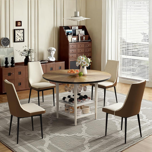 47'' round Dining Table Set for 4-6, Farmhouse Kitchen Table with 4 Chairs & Storage Rack, Rustic Wood Dining Set with Sturdy Metal Base for Dining Room & Living Room