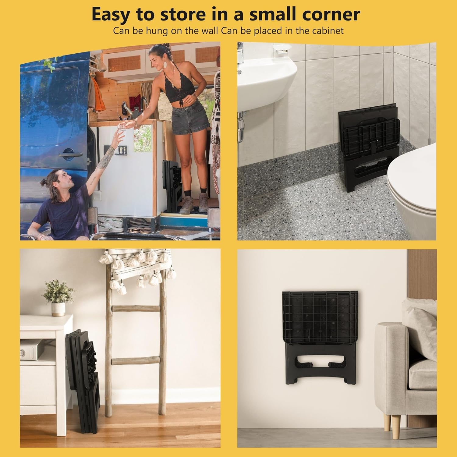 Folding 2-Step Stool, Non-Slip Portable Footstool 8'' & 17'' Dual Heights, Holds 300 Lbs, Portable Footstool for Kitchen Home Toilet Bedroom Office Bathroom Rv(Black)