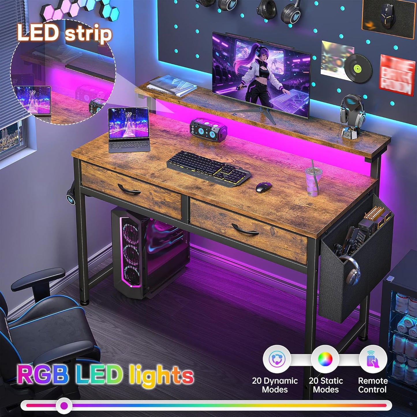 Gaming Desk with LED Lights with 2 Drawers, 31.5 Inch Desk Home Office Desk Computer Desk with Side Pocket & Ergonomic Monitor Stand, Small Space Study Writing Table with Anti-Tip Design, Rustic Brown