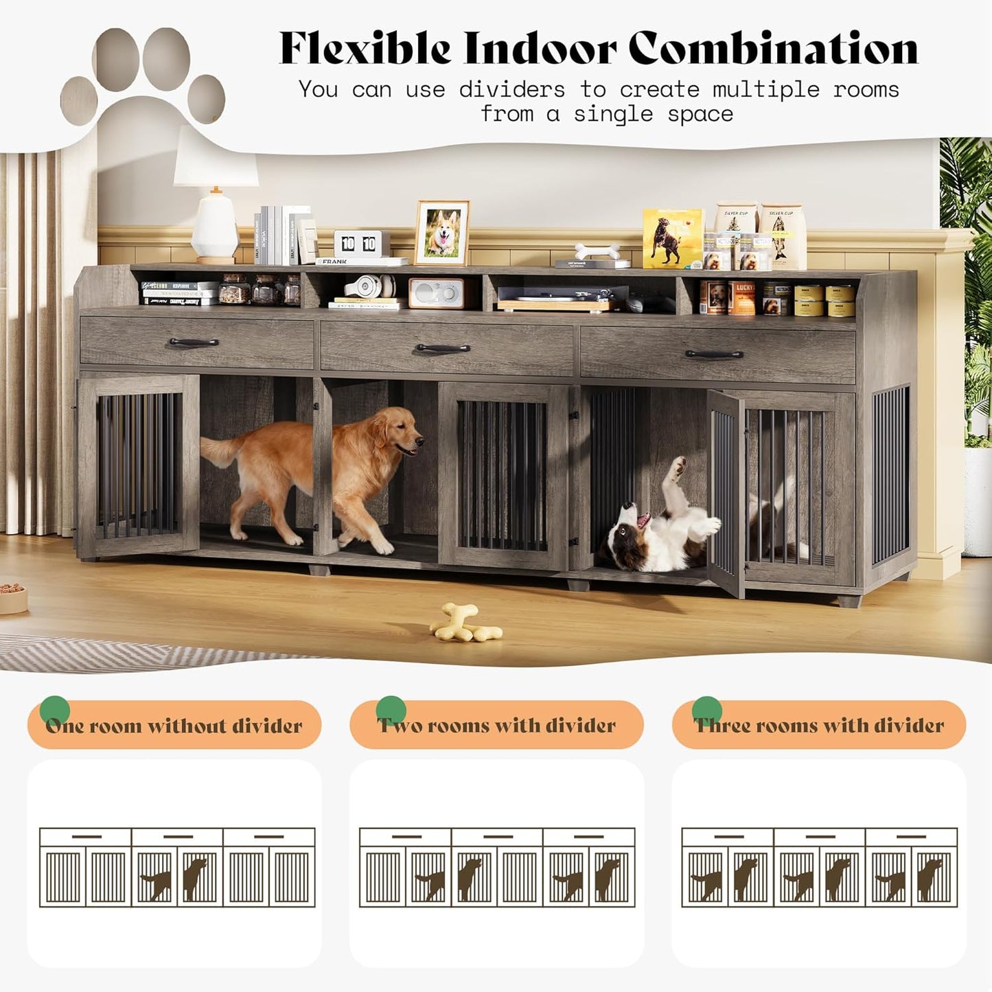 95" Large Dog Crate Furniture with Storage, 3-Room Indoor Wooden Dog Kennel for Large/Medium Dogs, TV Stand & Sideboard with Drawers & Removable Divider, Grey
