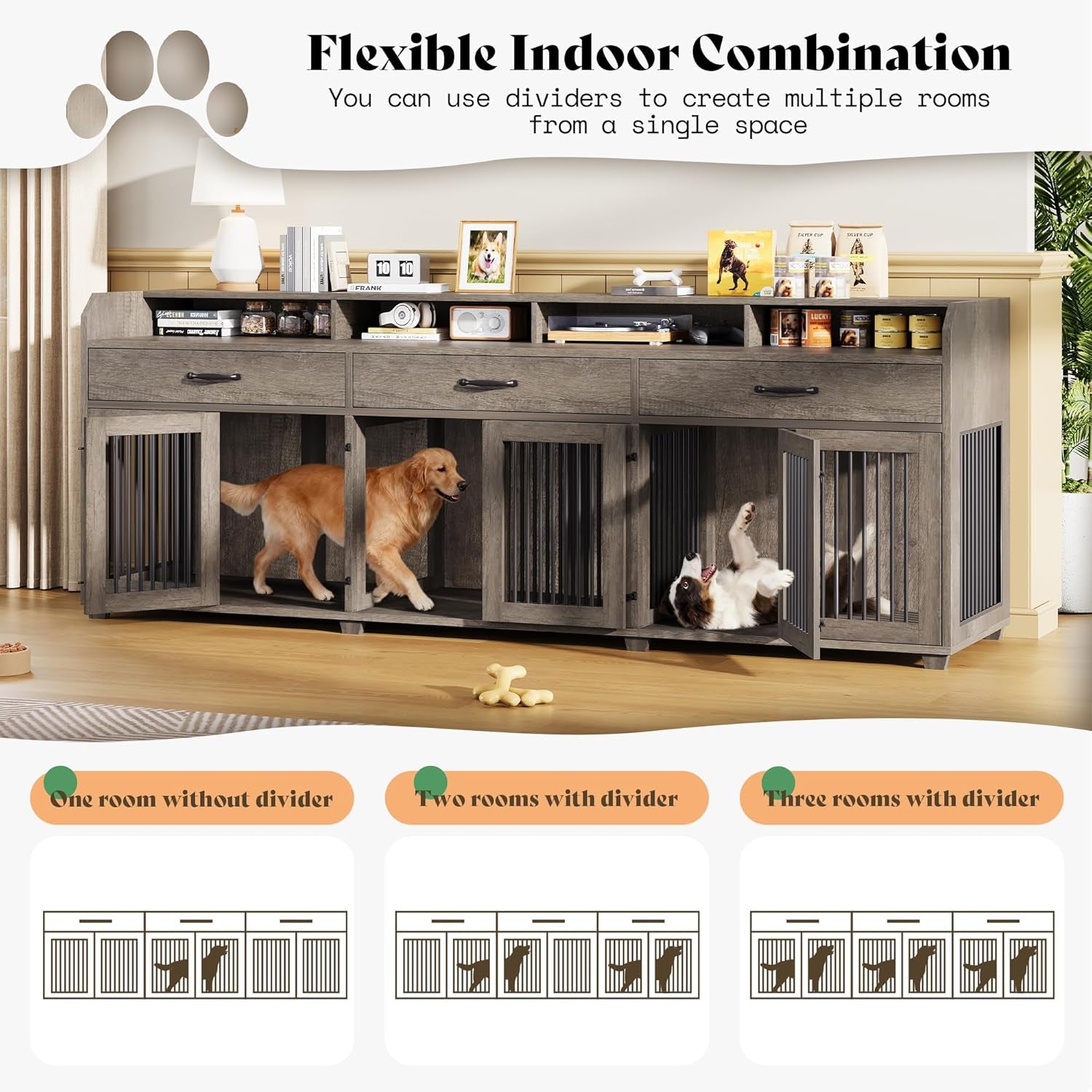 95" Large Dog Crate Furniture with Storage, 3-Room Indoor Wooden Dog Kennel for Large/Medium Dogs, TV Stand & Sideboard with Drawers & Removable Divider, Grey