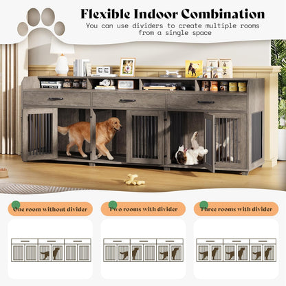 95" Large Dog Crate Furniture with Storage, 3-Room Indoor Wooden Dog Kennel for Large/Medium Dogs, TV Stand & Sideboard with Drawers & Removable Divider, Grey