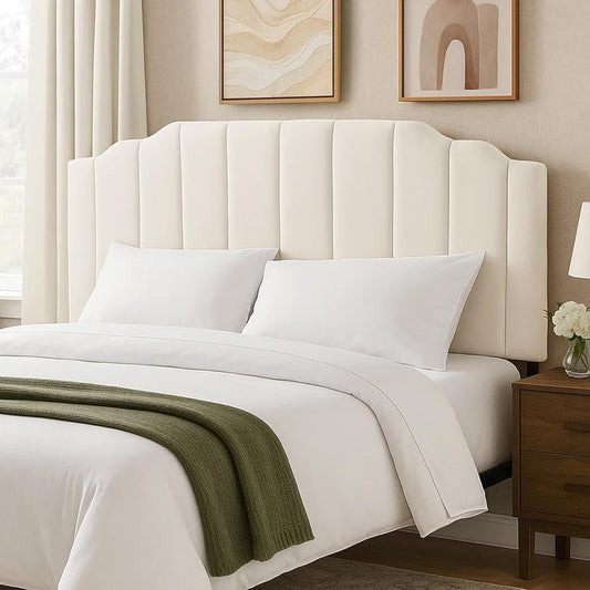 Upholstered Headboard Adjustable Height Queen/King Headboard Cream Velvet Tufted Modern Vertical Channel Design with Stepped Silhouette Top Edge(Beige Queen)