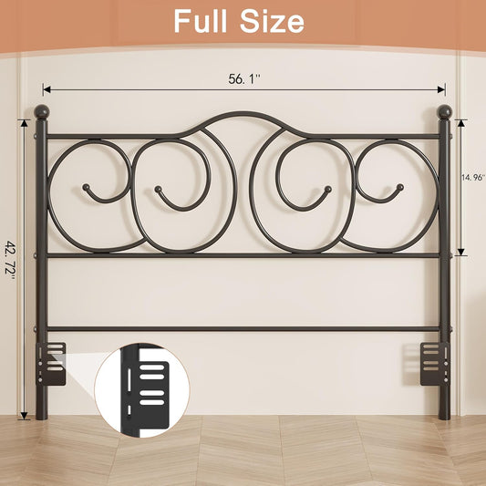 Metal Full Size Headboard, Heavy Duty Curved Headboard Only Height Adjustable, Easy to Assembly, Farmhouse Victorian Style for Bedroom - Black, Full