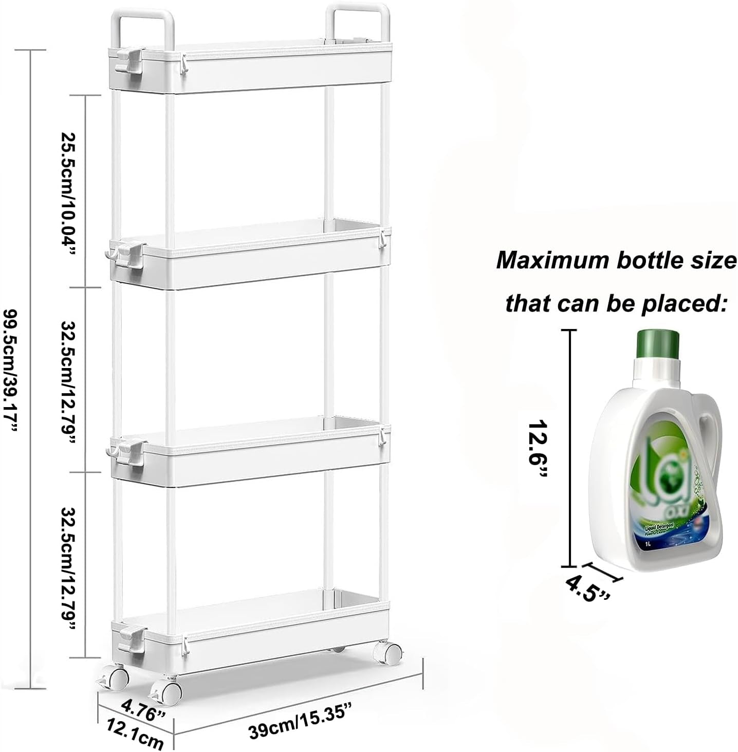Slim Rolling Storage Cart with Wheels 4 Tier Skinny Bathroom Storage Organizer Narrow Shelf Unit Thin Laundry Room Utility Cart for Bedside Kitchen Office Next to Fridge Small Places, White