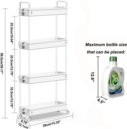 Slim Rolling Storage Cart with Wheels 4 Tier Skinny Bathroom Storage Organizer Narrow Shelf Unit Thin Laundry Room Utility Cart for Bedside Kitchen Office Next to Fridge Small Places, White