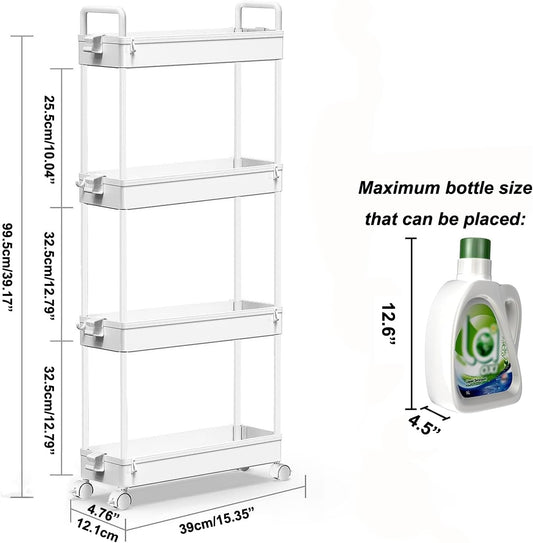 Slim Rolling Storage Cart with Wheels 4 Tier Skinny Bathroom Storage Organizer Narrow Shelf Unit Thin Laundry Room Utility Cart for Bedside Kitchen Office Next to Fridge Small Places, White