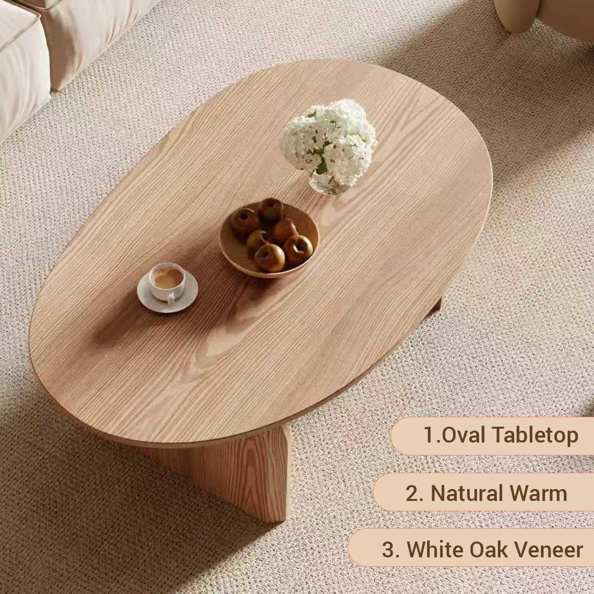 Modern Oval Coffee Table, Small Coffee Tables for Living Room - Oak Wood Top with Solid Legs, Wooden Center Table Easy Assembly for Living Room &Bedroom,Office, Natural