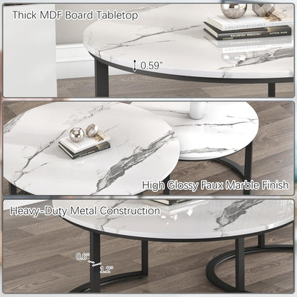 round Coffee Table Nesting Tables Set of 2, Large : Ø 33.5", Small : Ø 25.7", Modern Design Coffee Tables for Living Room, Metal Frame Circle Cocktail Table, High Glossy Faux White Marble
