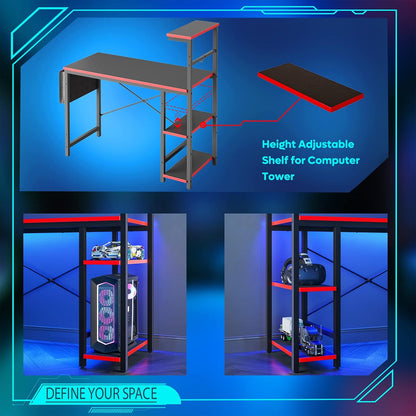 Gaming Desk with LED Lights, 44 Inch PC Gamer Desk for Small Spaces, Computer Desk with Reversible Storage Shelves & Side Storage Bag (Black 3D Carbon Fiber)