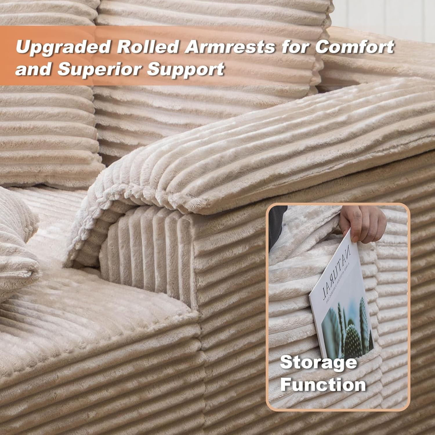 Oversized Chaise Lounge Chair Indoor, Upholstered Single 61'' Rolled Arm Boneless Cloud Sofa Bed Sleeper Couch, No Assembly Faux Rabbit Fur Memory Foam Reading Chair for Living Room Bedroom Beige