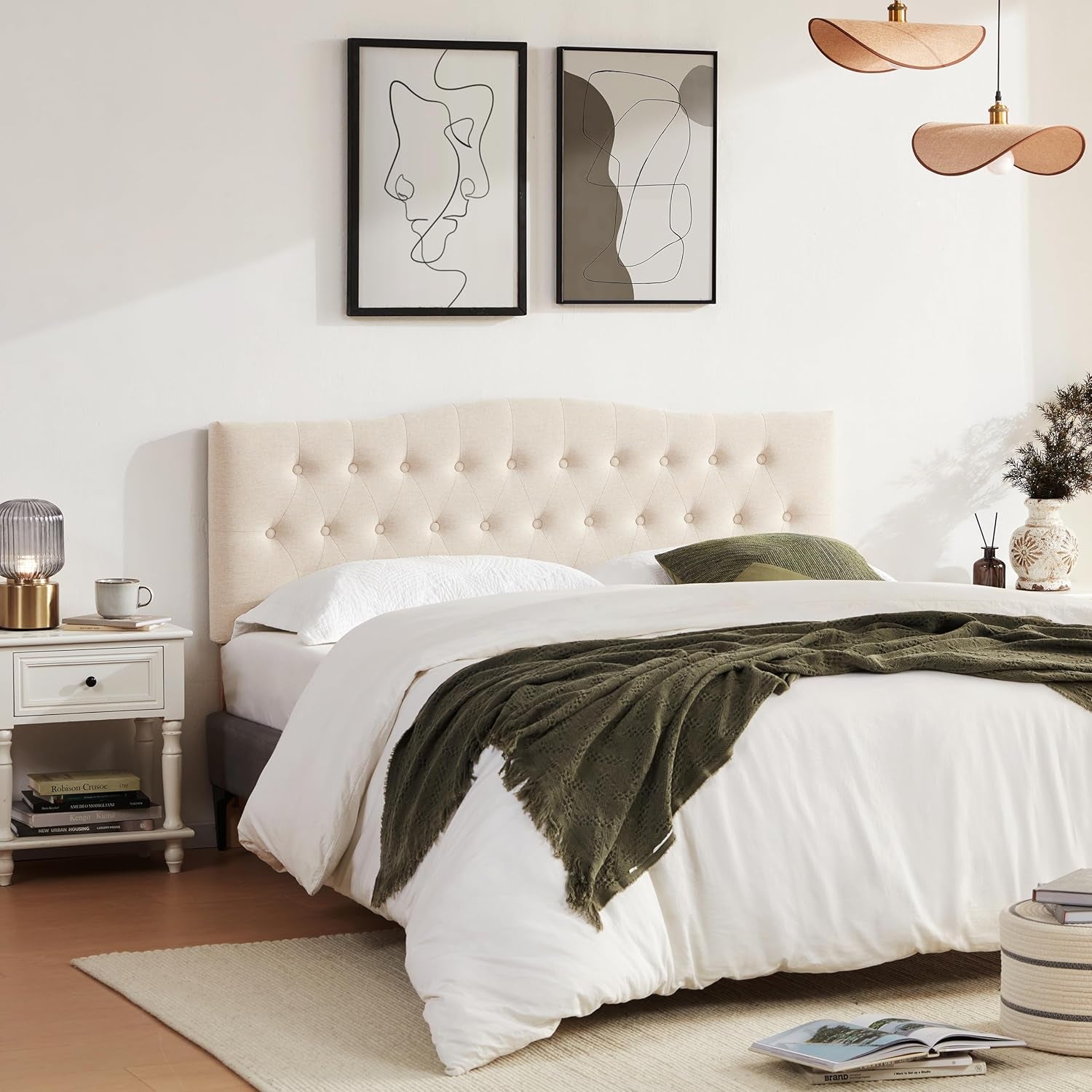 Tufted Upholstered Headboard Queen Size, Sturdy and Durable Solid Wood Bed Headboard, Fabric Headboard Adjustable Height from 37” to 51”, Modern Button Diamond Design Head Board, Beige