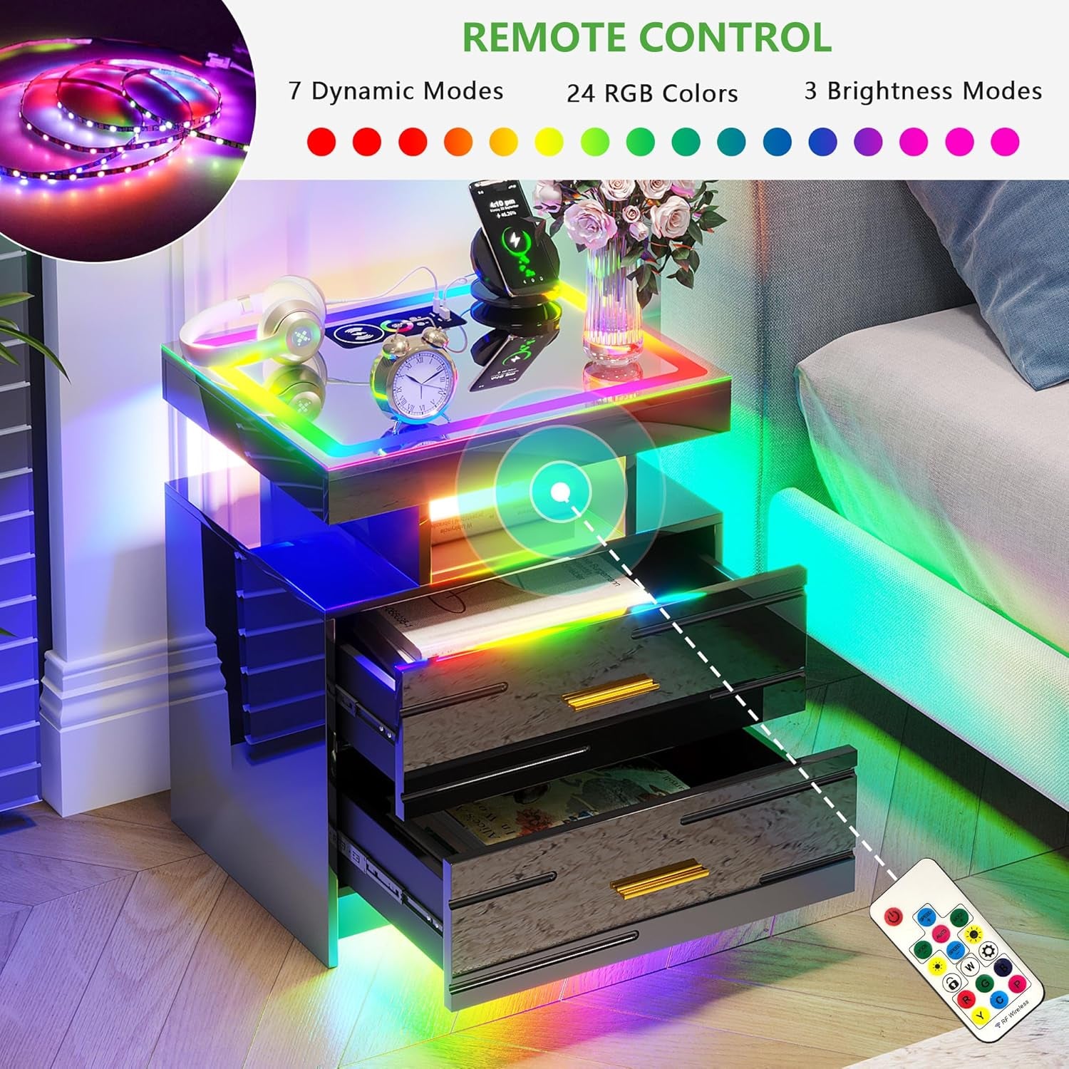 RGB Nightstand with Wireless Charging Station, LED Night Stand with Motion Sensor Lights, Smart Bedside Table with Changing Strip Lights with Remote,High Gloss Side Table/Glass Top (Black)
