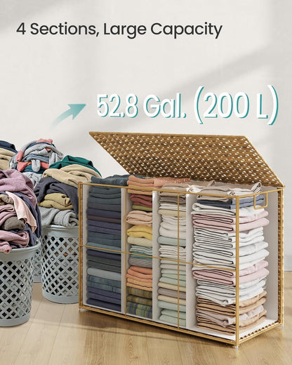 Laundry Hamper with Lid, 200 L Clothes Hamper with 2 Removable Liner Bags, 6 Mesh Bags, Wicker Laundry Basket, Double Laundry Hamper for Bathroom, 15.7 X 33.9 X 24 Inches, Natural ULCB452Y01