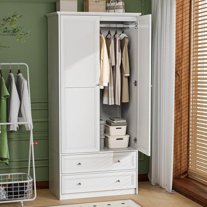 Wardrobe Closet with 2 Doors and 2 Drawers, 72" H Wardrobe Cabinet Closet, Freestanding Clothing Storage Cabinet, Wooden White Bedroom Armoire, Combination for Hanging Clothes