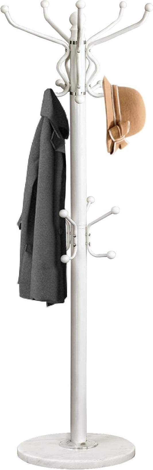 Freestanding Coat Rack with 18 Hooks & Marble Base - Heavy Duty Metal Hall Tree Stand for Entryway, Hats, Coats, Bags Rack - Modern Hanger Organizer for Home, Office, Dorm (18 Hooks -White)