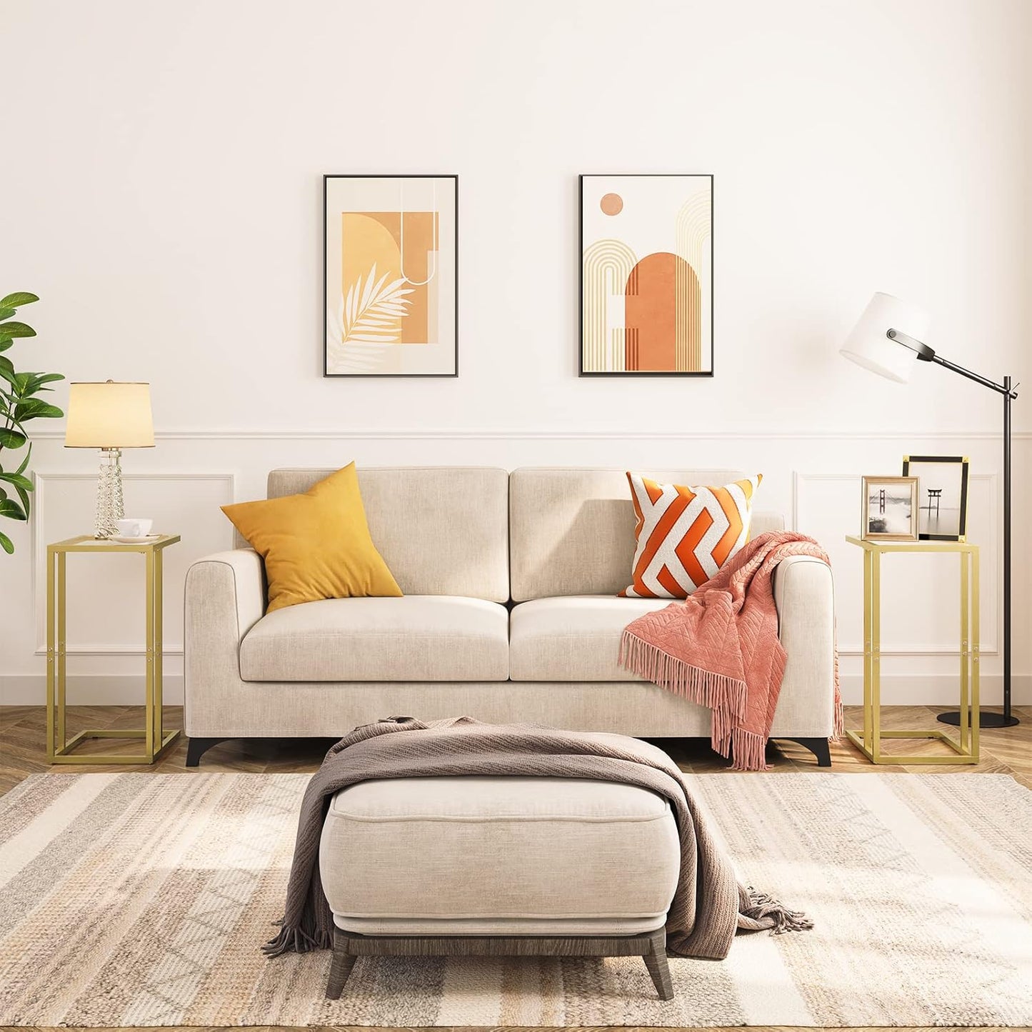 C Shaped End Table, Tempered Glass Snack Side Table with Metal Frame, TV Tray Table for Small Space, Sofa Couch and Bed, Modern Style, Gold GD03SF01G1