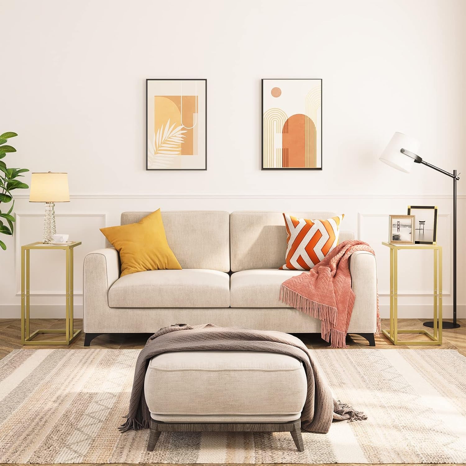 C Shaped End Table, Tempered Glass Snack Side Table with Metal Frame, TV Tray Table for Small Space, Sofa Couch and Bed, Modern Style, Gold GD03SF01G1
