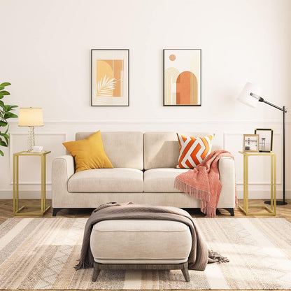 C Shaped End Table, Tempered Glass Snack Side Table with Metal Frame, TV Tray Table for Small Space, Sofa Couch and Bed, Modern Style, Gold GD03SF01G1